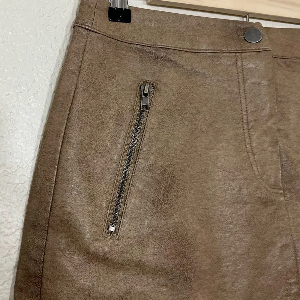 J.O.A Faux Leather Mini Skirt Khaki Tan Zipper Pockets Size S